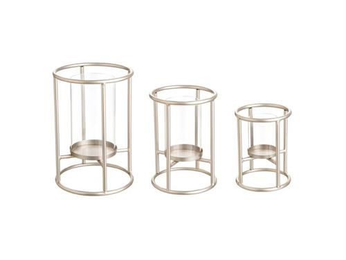 SET 3PZ PORTACANDELE CYLINDER D15-18-21 H20-25-30 METALL CHAMPAGNE
