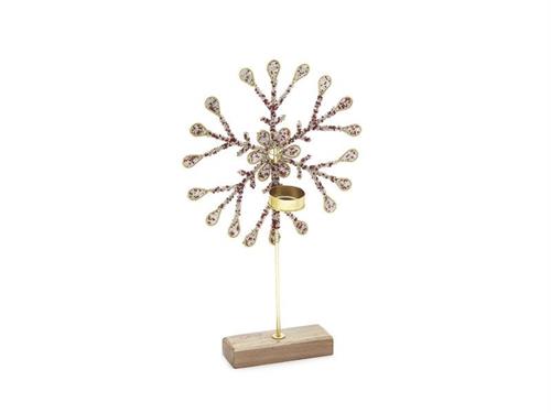 PORTA TEALIGHT SNOWFLAKE C/BASE LEGNO CM23X37 ROSSO/ORO