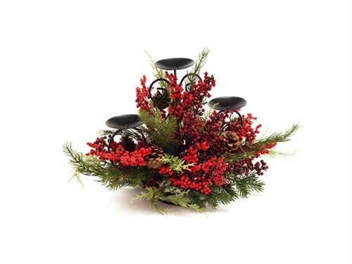 CANDELIERE X3 PINO SIMPLE C/BACCHE E PIGNE CM37X65 VERDE/ROSSO