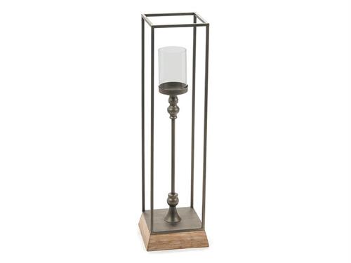 CANDELABRO METAL C/PARAFIAMMA STRUTTURA E BASE LEGNO CM24X83 ANTIQUE