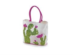 BORSA MARE COTONE RICAMATA CACTUS CM38X50X15 BIANCO/VERDE