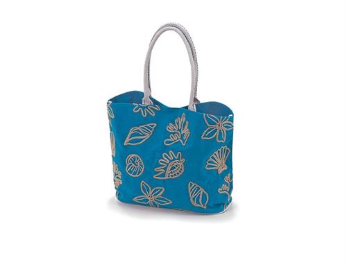 BORSA MARE COTONE RICAMATA SHELL CM38X50X15 BLU/BIANCO