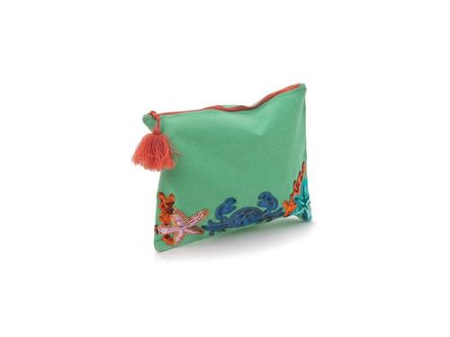 POCHETTE COTONE RICAMATA CRAB CM30X25 VERDE/FUXIA