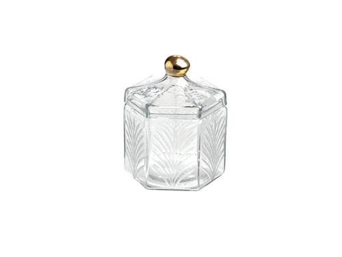 BARATTOLO ESAGONALE VETRO C/POMELLO DORATO CM13X16 TRASPARENTE