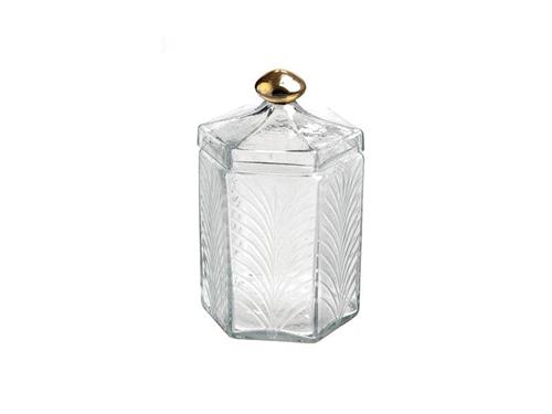 BARATTOLO ESAGONALE VETRO C/POMELLO DORATO CM13X21 TRASPARENTE