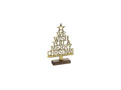 ALBERELLO METAL MERRY CHRISTMASC/BASE LEGNO CM20X30 MOGANO/ORO