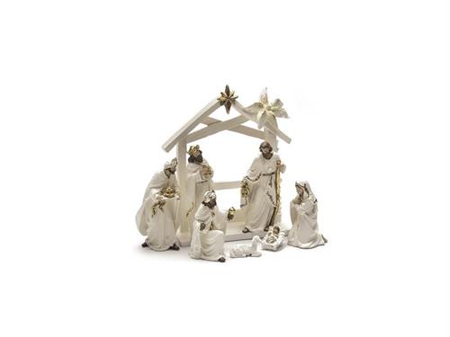 SET NATIVITA' RESINA 7PZ + CAPANNA CM24X30   BIANCO/ORO