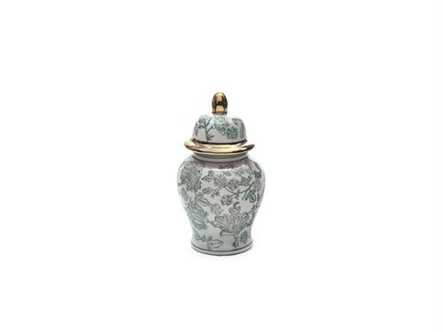 VASO C/COPERCHIO CERAMICA XINING D15 H26 BIANCO/VERDE/ORO