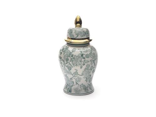 VASO C/COPERCHIO CERAMICA XINING D18 H36 BIANCO/VERDE/ORO